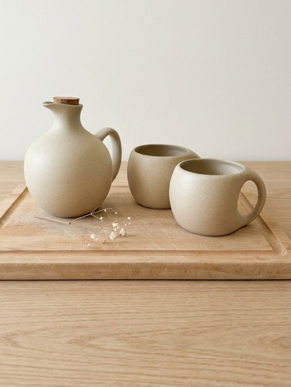 Beige Ceramic Pitcher & Mug Set — Cottagecore Farmhouse Decor